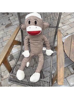 Jumbo Sock Monkey 36 in Stuffed Maxx Brown Beige Red Plush VGU Clean -B